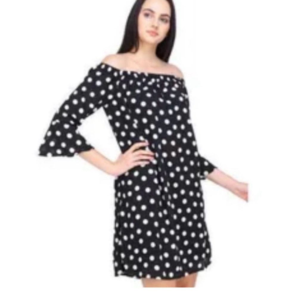 City Streets Black and White Polka Dot Dress with Bell Sleeve. Size Small